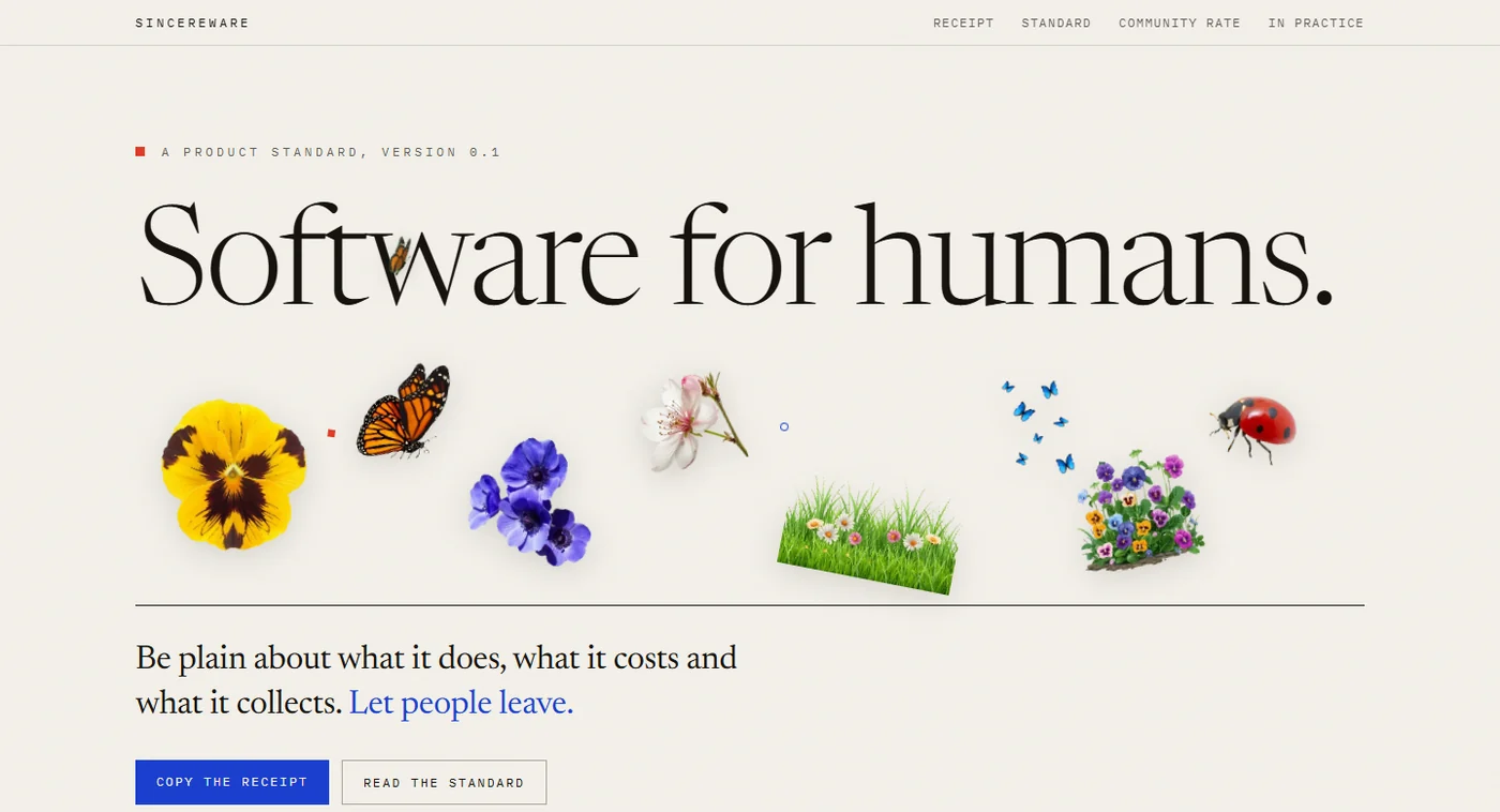 Sincereware home page: Software for humans, with a butterfly in flight